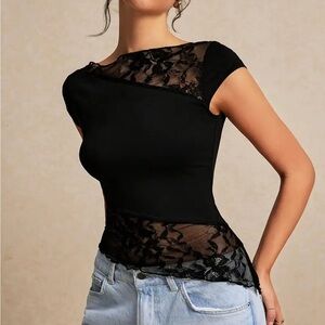 Chic Black Lace Women's Blouse Assymetric